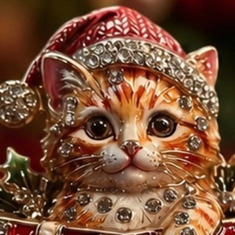 Christmas Kitten Brooch Red Gift Box Rhinestone Enameled Holiday Cat Pin